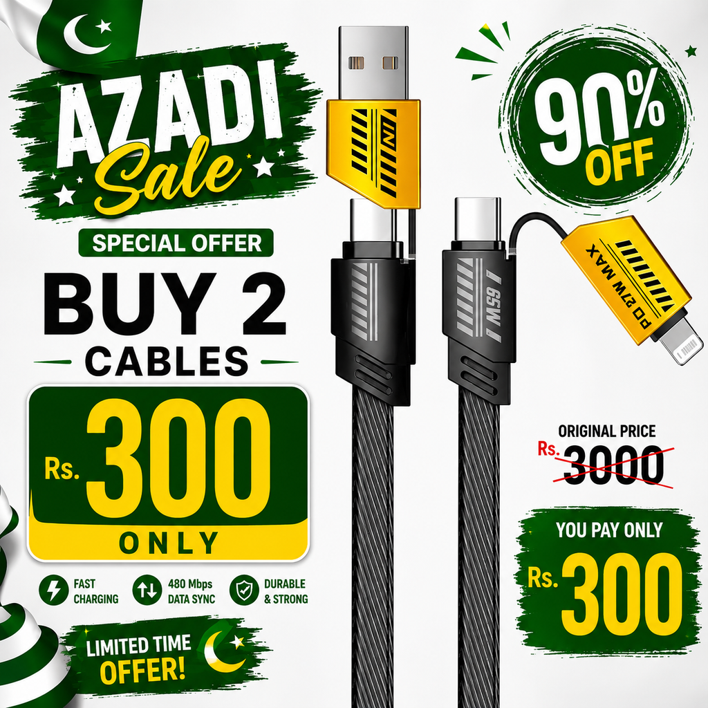 🇵🇰 Azadi Sale – Buy 2 × 65W Fast Charging 4-in-1 Multi Cables