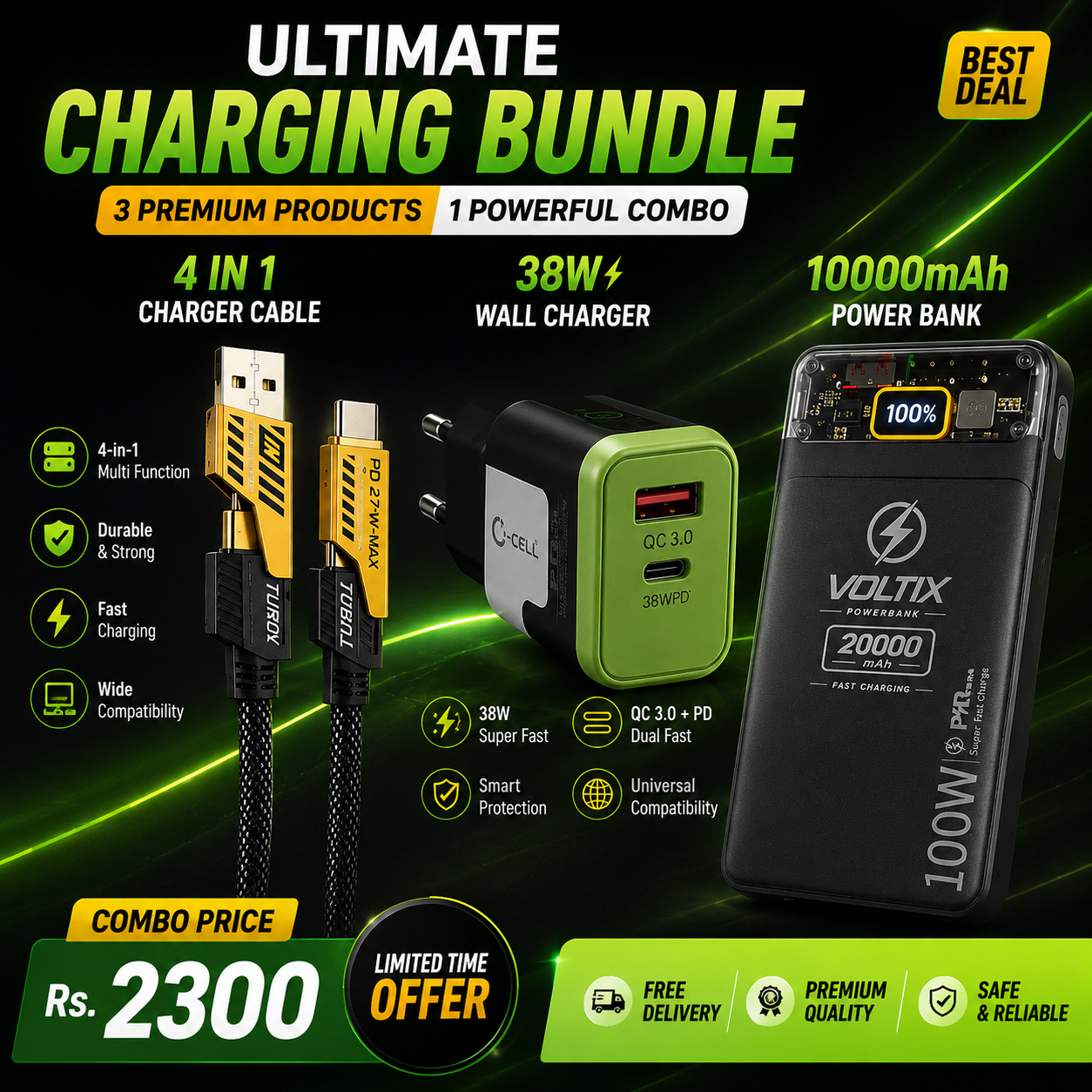 ⚡ 20000mAh Power Bank + 38W Charger + 4 In 1 Cable-2495