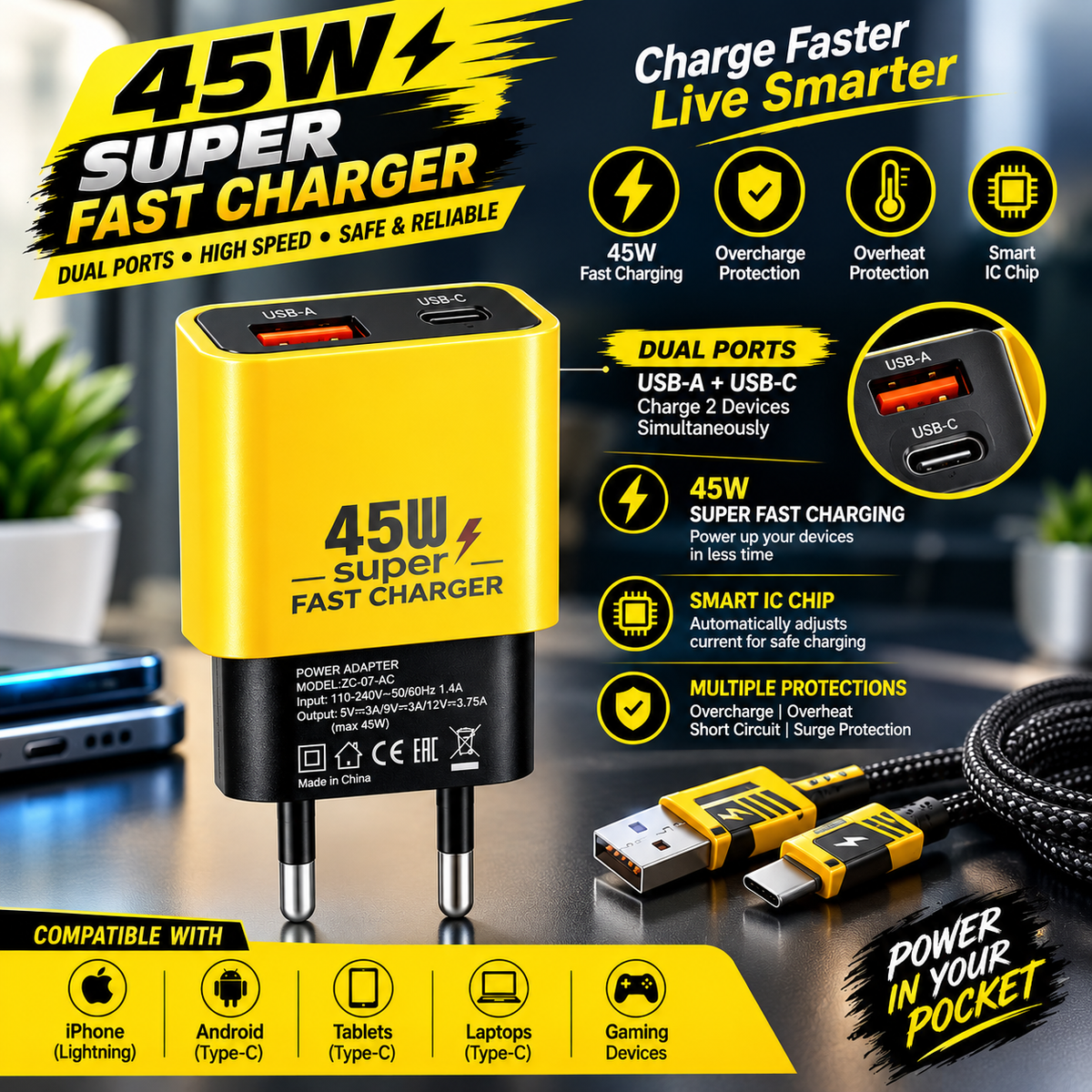 45W Super Fast Charger – Dual USB-A & USB-C Fast Charging Adapter |Rs-1495