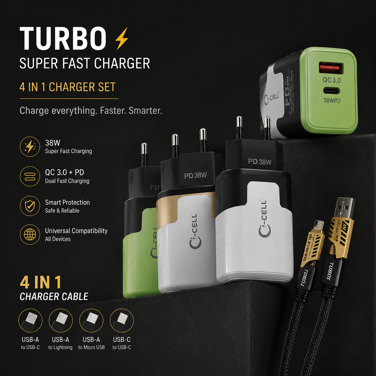 TURBO SUPER FAST CHARGER WITH 4 IN 1 CABLE