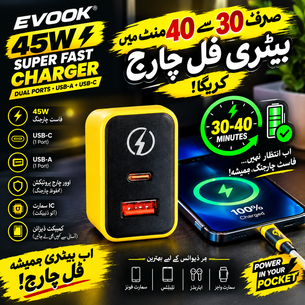 45W Super Fast Charger – Dual USB-A & USB-C Fast Charging Adapter |Rs-1495