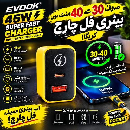 45W Super Fast Charger – Dual USB-A & USB-C Fast Charging Adapter |Rs-1495